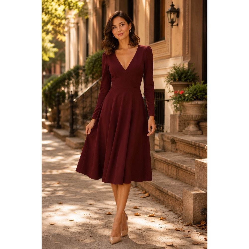 Dress the Population "Catrine" Burgundy Fit & Flare Midi Dress S, NWT